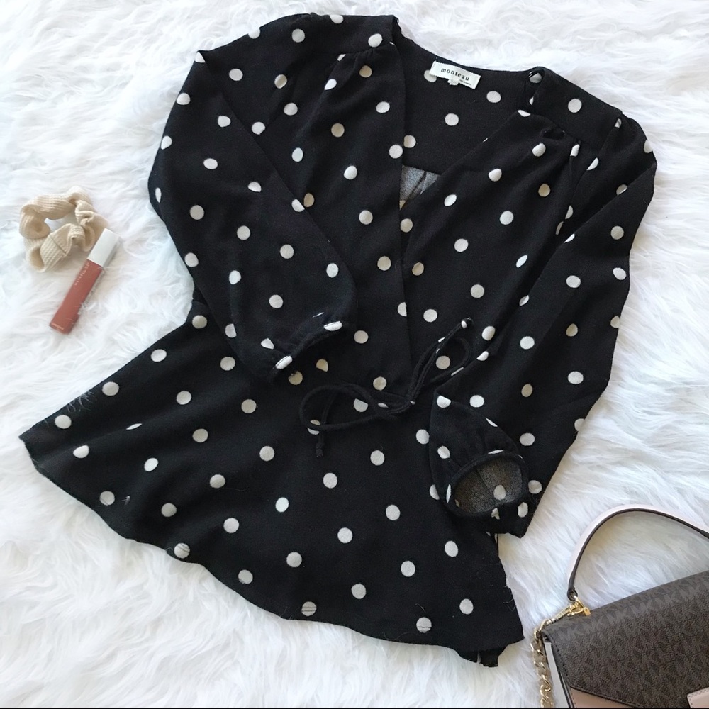Monteau Polka Dot Wrap Peplum Blouse